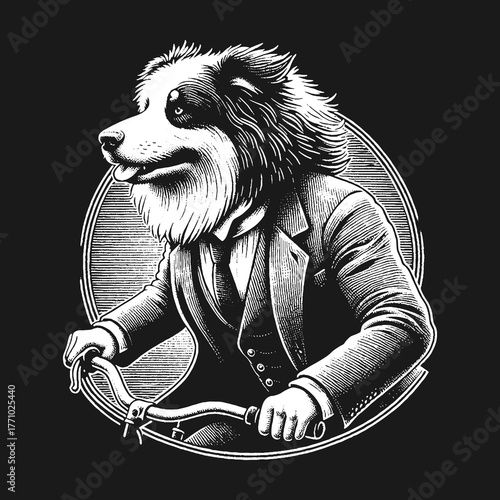 Dog in Suit Riding Bicycle Artistic Illustration.