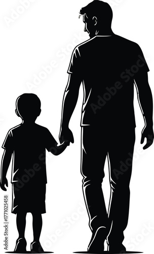 Father and Son Walking Hand in Hand Silhouette .