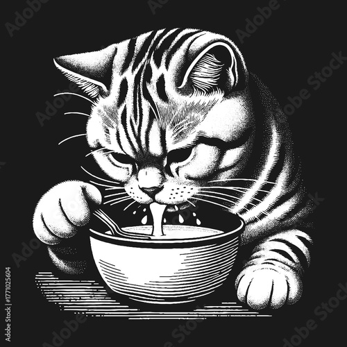 Cat Drinking Milk: A Detailed Black and White Illustration.