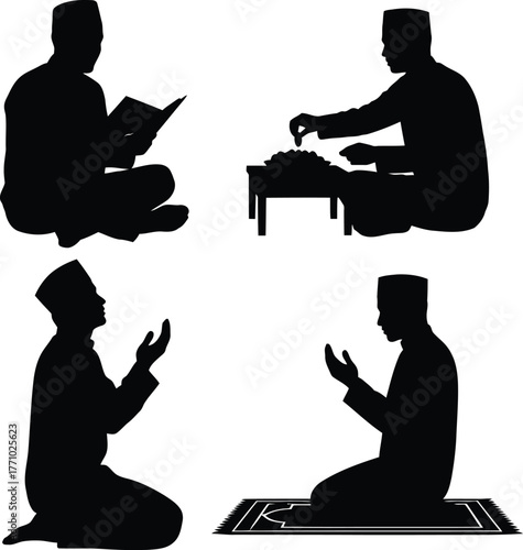 Silhouettes of Muslim Men in Prayer and Devotion Poses .
