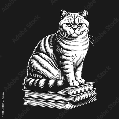 Intelligent Cat Sitting on Books Contemplating Knowledge.
