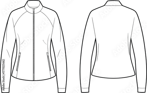 Technical flat sketch jacket front and back view, fashion design template, raglan sleeve outerwear, zipper closure coat, apparel illustration, garment construction vector drawing