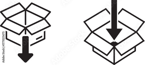 Black and White Outline Icons of Open Boxes with Down Arrows