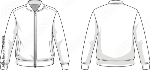 Vector fashion technical drawing of zip up bomber jacket front and back view, ribbed cuffs waistband collar, apparel flat sketch template clothing design illustration