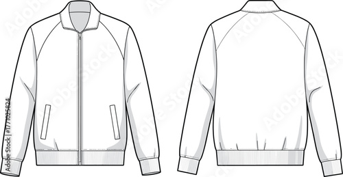 Technical flat sketch jacket front back view, raglan sleeve bomber style, zip closure, ribbed cuffs waistband, fashion apparel template, garment design illustration, vector drawing