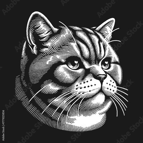 Detailed Engraving of a Domestic Cats Face in Monochrome.