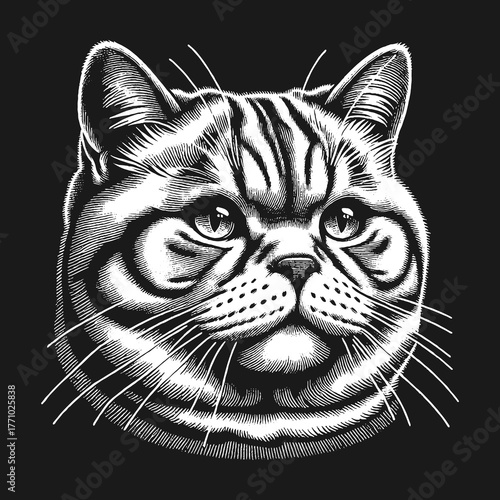 Detailed monochrome illustration of a cats face with a serious expression.