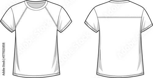 Short sleeve athletic t shirt technical fashion flat sketch, raglan sleeve sportswear template, front and back view apparel design, vector outline illustration garment