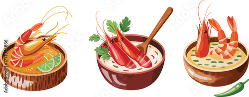 Shrimp soup illustration, seafood bowl artwork, prawn cuisine drawing, spicy shrimp dish, creamy seafood soup, Asian food vector, gourmet meal design, culinary art print