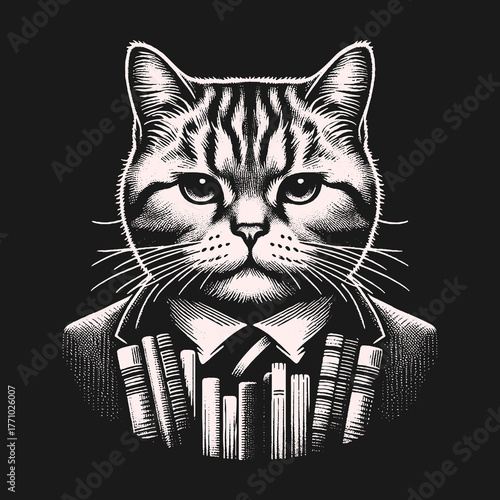 Distinguished Cat in Formal Attire with Books.