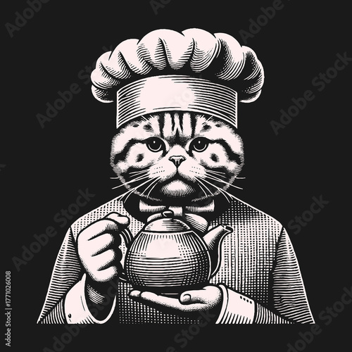 Chef Cat Holding Teapot in Detailed Engraving Style.
