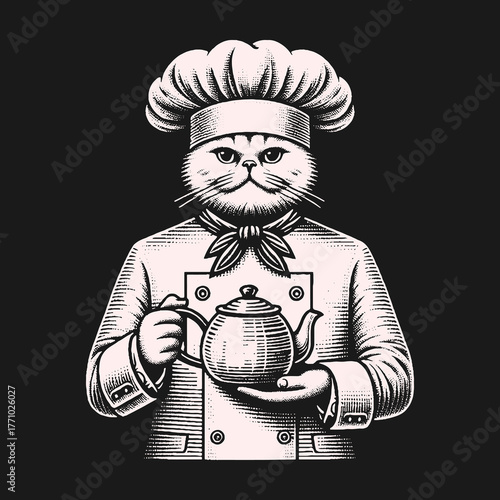 Chef Cat Holding Teapot in Black and White Illustration.