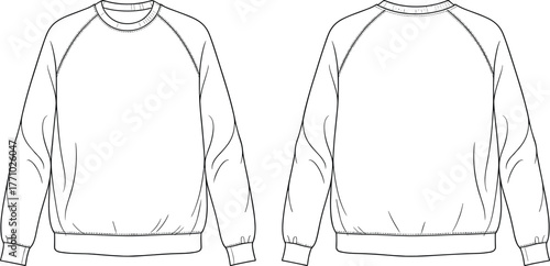 Technical flat sketch sweatshirt front back view, raglan sleeve fashion template, ribbed cuffs hem neckline, garment design illustration apparel vector, clothing construction drawing