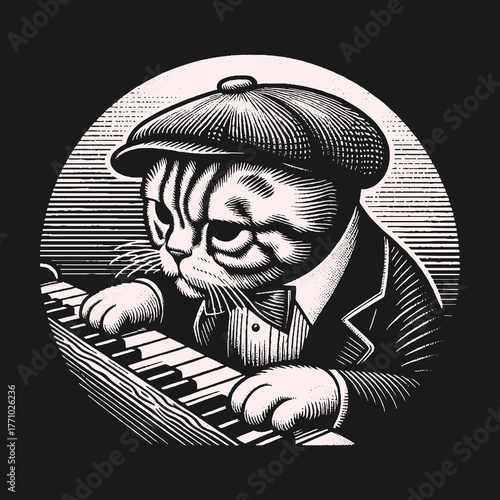 Cat Pianist in a Stylish Outfit Playing Music with Focus.