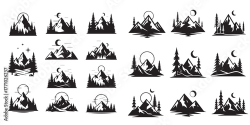 Black Silhouette Mountain Forest Vector Icons Collection on White