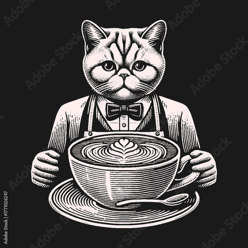 Cat barista serving coffee art in a stylish cafe.