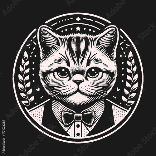 Elegant Cat Portrait in a Circular Emblem with Formal Attire.