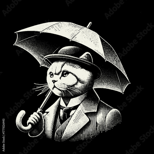 Elegant Cat in Suit Holding Umbrella in Monochrome.