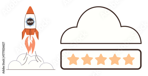 Rocket labeled MVP launches with fiery boost beside five-star rating cloud badge. Ideal for startup growth, product launch, innovation, success evaluation, customer satisfaction, quality recognition