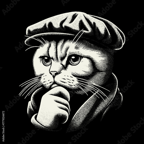 Intelligent Cat Contemplating Deep Thoughts in Monochrome.