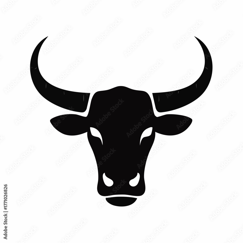 Naklejka premium Flat black silhouette vector of a bull head with long horns, clean edges, solid fill, white background, strong minimalist look