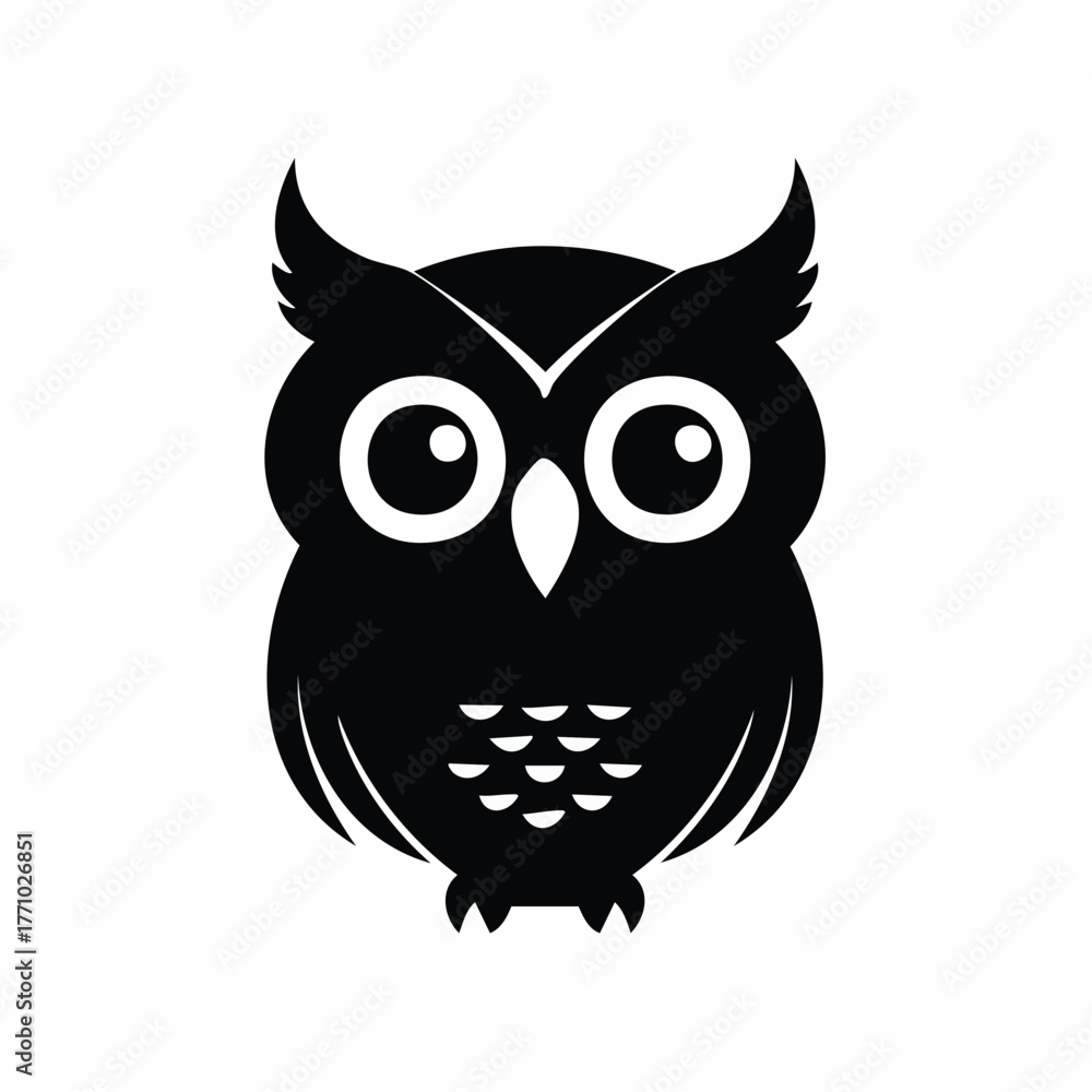 Fototapeta premium Single black vector silhouette of an owl head with expressive eyes outline, feather details simplified, isolated on white background