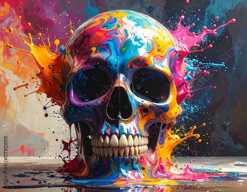 Fototapeta Naklejka Na Ścianę i Meble -  Vibrant Abstract Skull with Paint Explosions