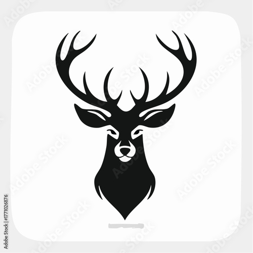 Black silhouette vector of a deer head with large antlers, detailed horn curves, clean white background, elegant minimal composition