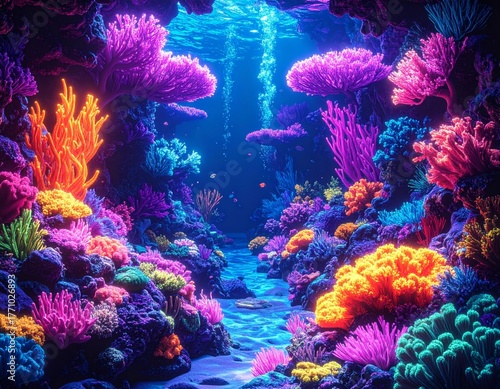 Vibrant Neon Coral Reef Underwater Scene