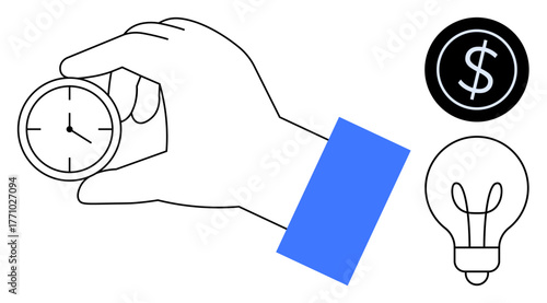 Hand holding clock, lightbulb, and dollar sign. Ideal for time management, productivity, innovation, financial planning, creativity efficiency decision-making. Simple flat metaphor