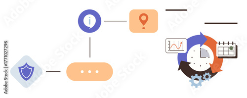 Flowchart with shield, information, location, graphs, clock, and calendar icons. Ideal for workflow, business operations, project management strategic planning data optimization time tracking
