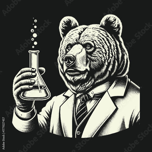Scientist Bear Holding Flask in Laboratory.