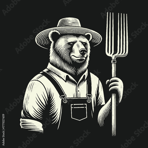 Bear Farmer Holding Pitchfork in Overalls and Hat.