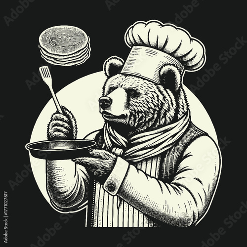 Chef Bear Preparing Pancakes in a Culinary Setting.