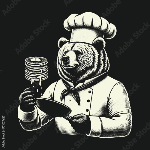 Bear Chef Holding Pancakes and Frying Pan.