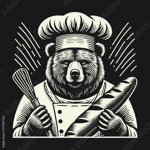 Bear Chef Holding Whisk and Bread Baking Concept Illustration.
