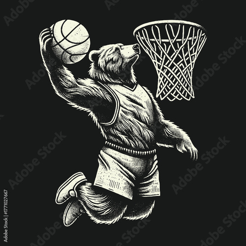 Bear Basketball Dunking Illustration Black and White Artistic.