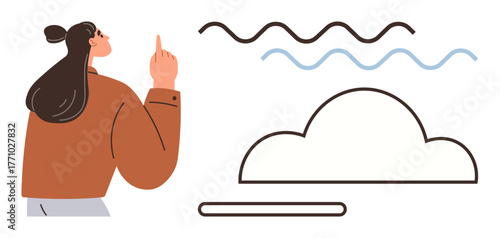 Woman pointing upward at abstract lines and cloud shapes, representing thought, creativity, innovation, brainstorming, data, inspiration, focus, ideal for productivity learning and a simple flat