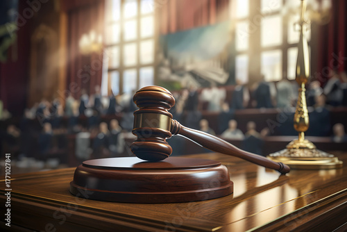 gavel of judgment in a sunlit courtroom