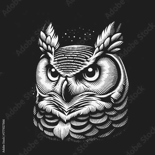 Intricate Owl Illustration: Detailed Black and White Artwork.