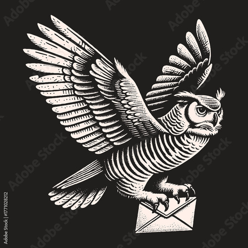 Owl Delivering Letter Illustration in Black and White.