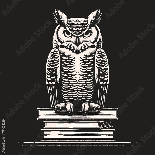 Wise Owl Perched Atop Stack of Books Depicting Knowledge and Wisdom.