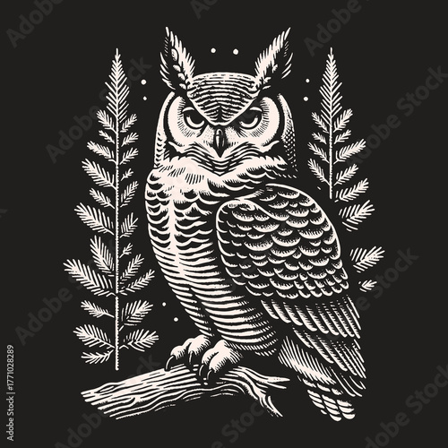 Majestic Owl Perched on Branch Amidst Forest Illustration.