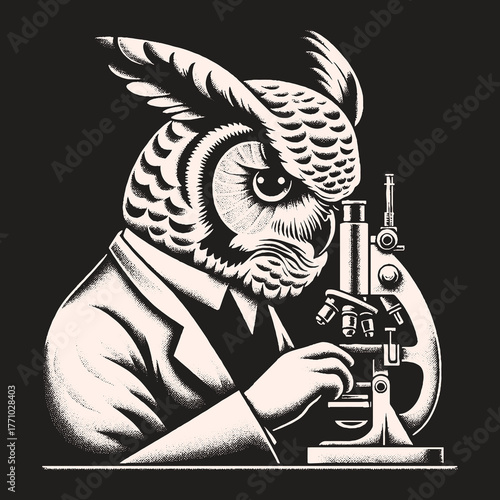 Wise Owl Scientist Examining Microscope with Precision.