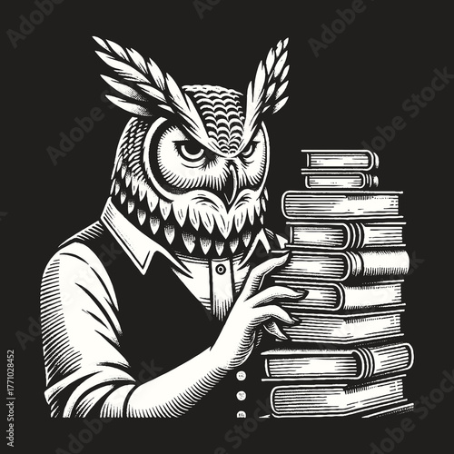Wise Owl with Books: A Symbol of Knowledge and Learning.