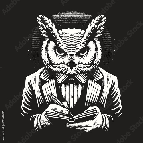 Wise Owl in Suit Taking Notes with Pen and Paper.