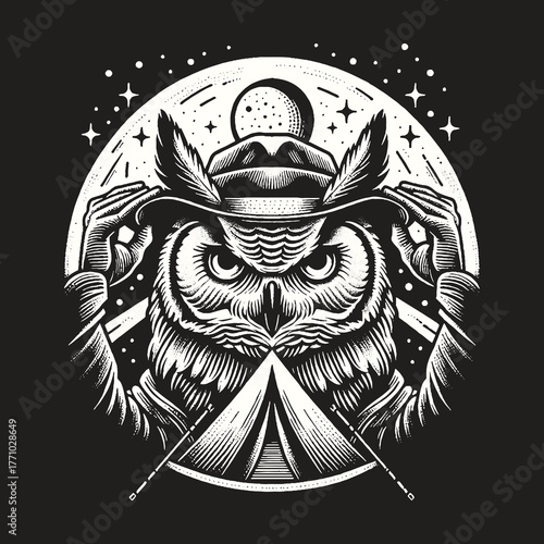 Wise Owl with a Hat and Tent Under the Stars.