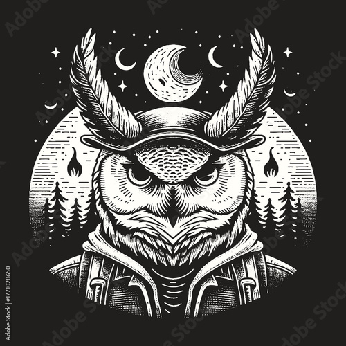 Wise Owl Portrait in Night Sky with Moon and Stars.