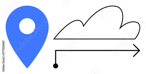 Blue map pin beside a cloud connected by an arrow symbolizing navigation, cloud storage, and data transfer. Ideal for technology, location services, cloud computing, data flow, connectivity, storage