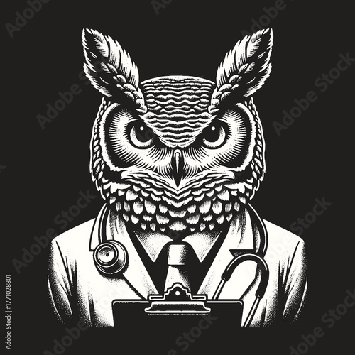 Wise Owl Doctor with Stethoscope and Clipboard.